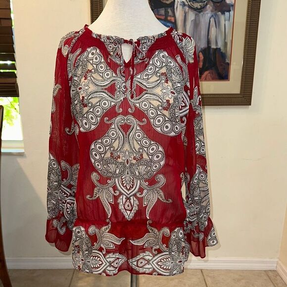 Chico’s Sheer Burgundy Paisley Ruffle Sleeve Tie Front Tunic Size 3 (XL) - Picture 1 of 11